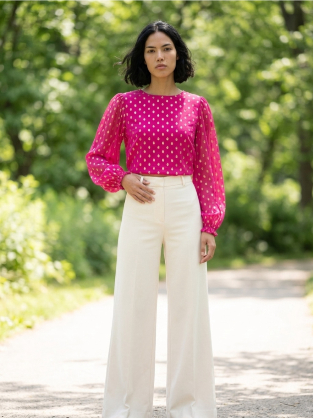 Open Back Blouse Size S Pink Gold Polka Dot Long Sleeve